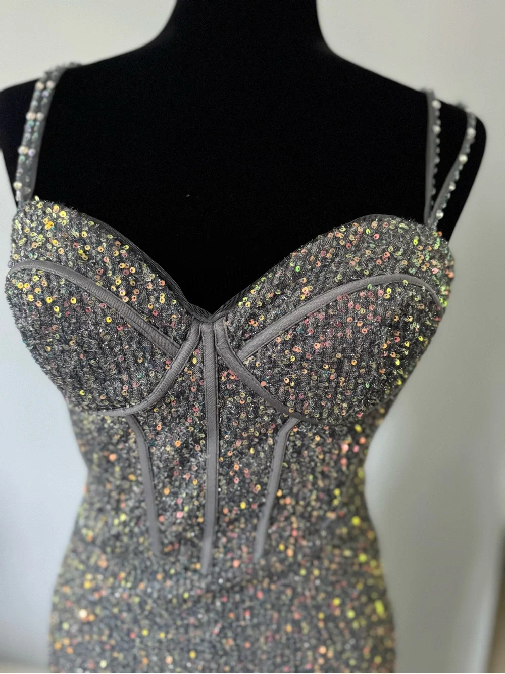 Cinderella Silver Sequin Beaded Corset Prom Gown with Thigh Slit